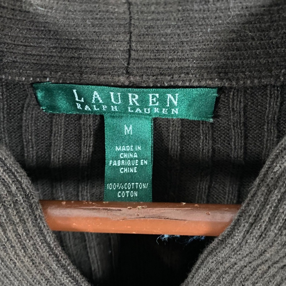 Lauren Ralph Lauren Chocolate Brown Ribbed Sweater Shawl Collar Gold Button Med - Picture 6 of 6
